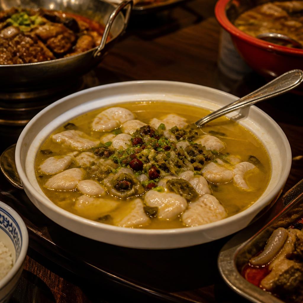 Seabass fillet with Sichuan pickles in golden soup